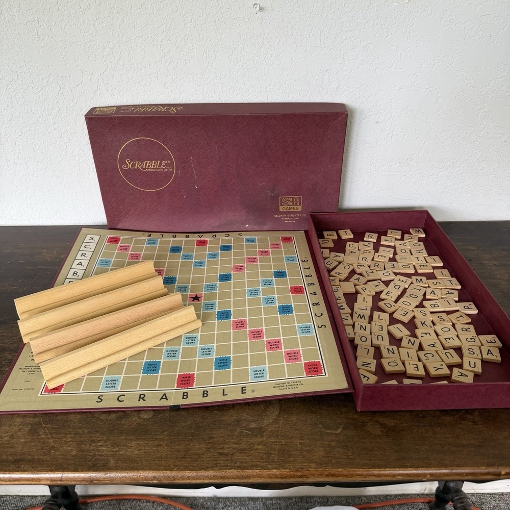 Vintage 1976 Scrabble Crossword Game Selchow & Righter Co Maroon Box Wood Tiles
